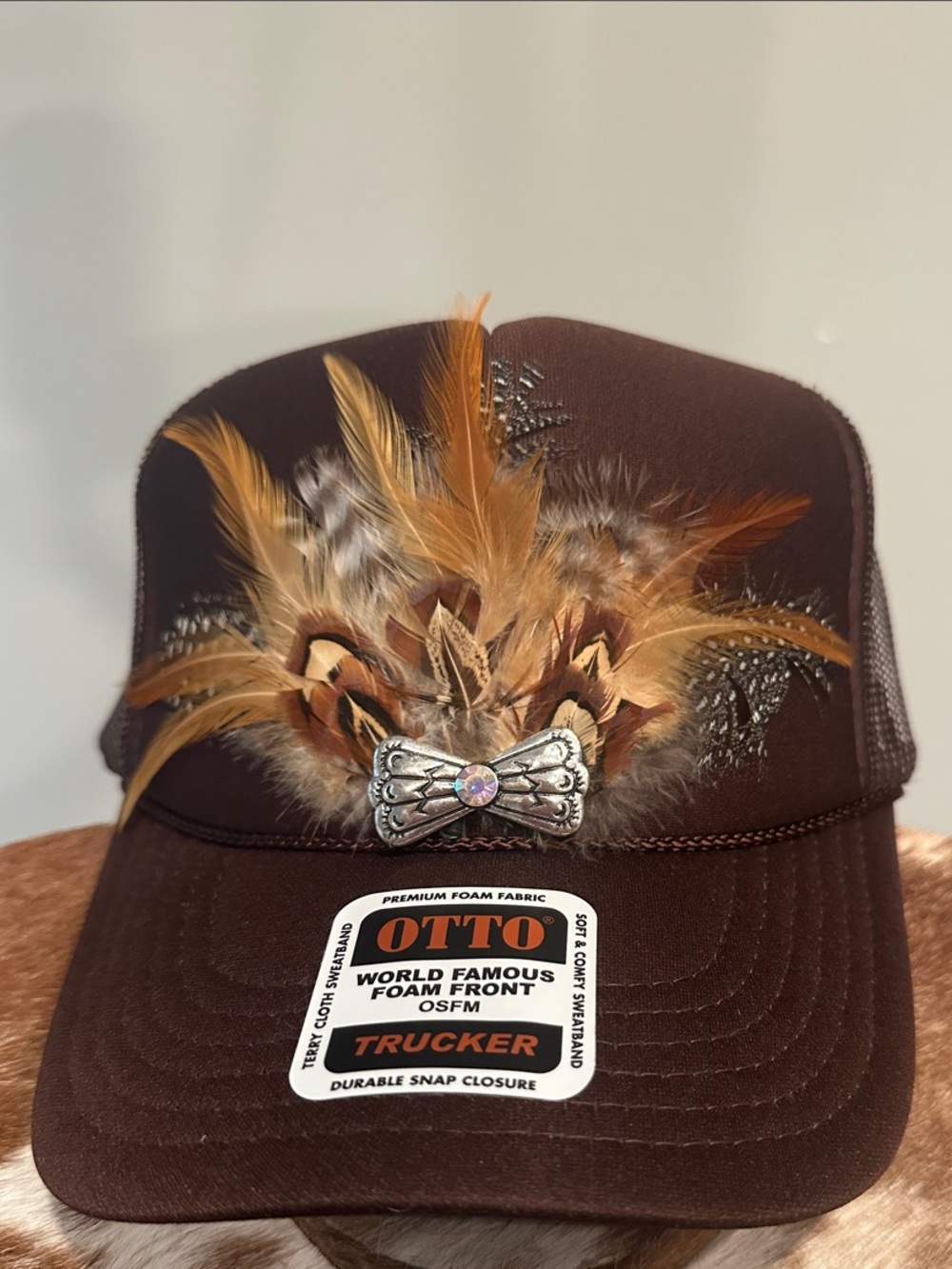 OTTO Brown Feather Accent Trucker Hat with Concho
